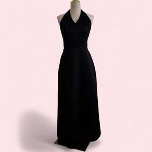 Vintage By Venus Black Satin Halter Gown w/ Beaded Waist‎ — Size 8